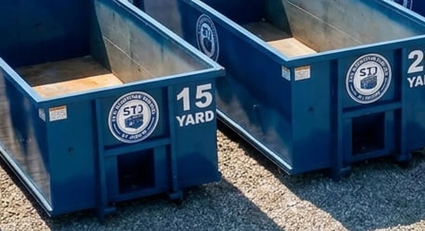 15 Yard Dumpster Rental in St. Joseph, MO A clean, correctly-labeled 15 yard STJ Dumpster Rental St Joseph roll-off container staged at the company yard, part of a five-container size lineup
