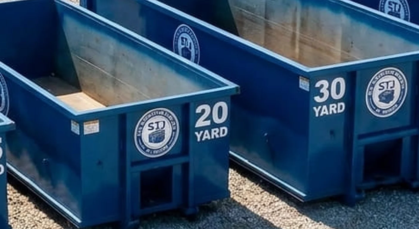 A clean, correctly-labeled 20 yard STJ Dumpster Rental St Joseph roll-off container staged at the company yard, part of a five-container size lineup