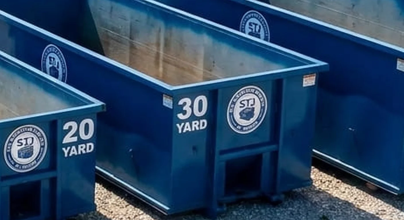 A clean, correctly-labeled 30 yard STJ Dumpster Rental St Joseph roll-off container staged at the company yard, part of a five-container size lineup