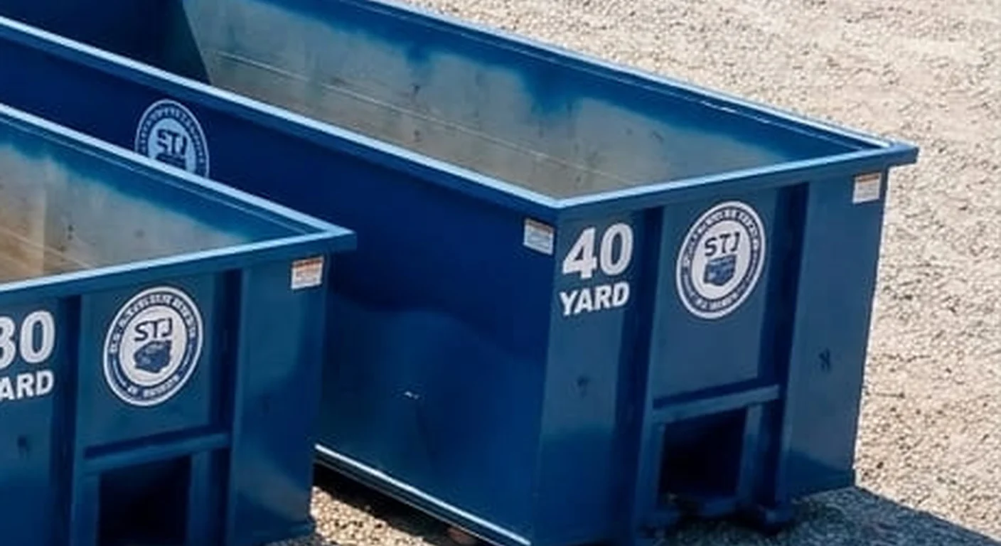 40 Yard Dumpster Rental in St. Joseph, MO A clean, correctly-labeled 40 yard STJ Dumpster Rental St Joseph roll-off container staged at the company yard, part of a five-container size lineup
