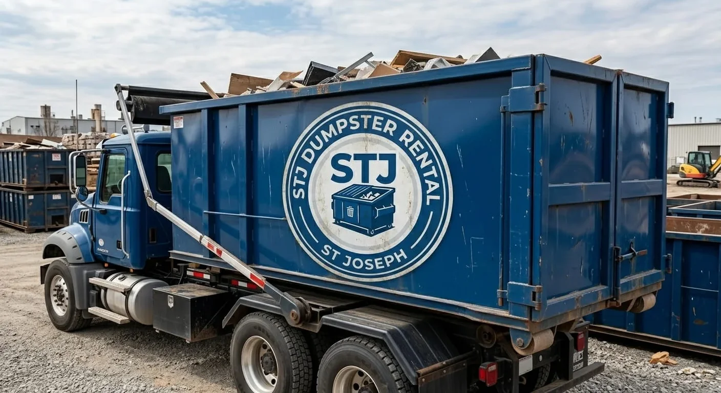 Commercial Dumpster Rental in St. Joseph, MO A STJ Dumpster Rental St Joseph roll-off dumpster loaded with mixed commercial debris on a business driveway