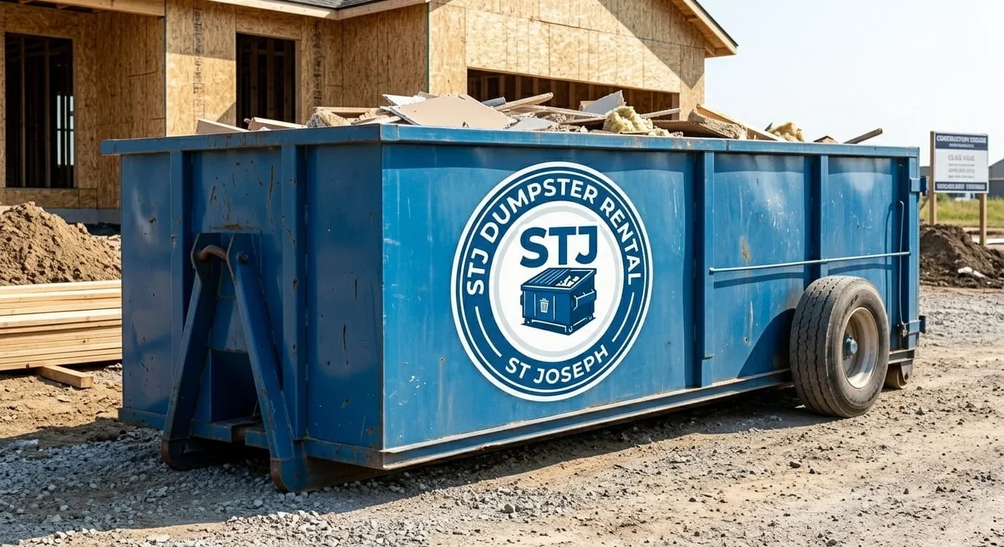 A STJ Dumpster Rental St Joseph blue dumpster truck delivering a roll-off container to a new-construction job site