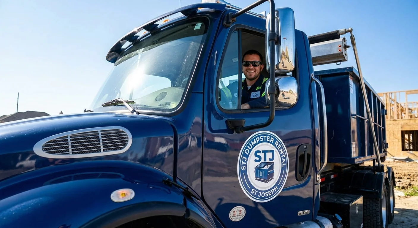 A STJ Dumpster Rental St Joseph driver smiling from the cab of a delivery truck on a residential street