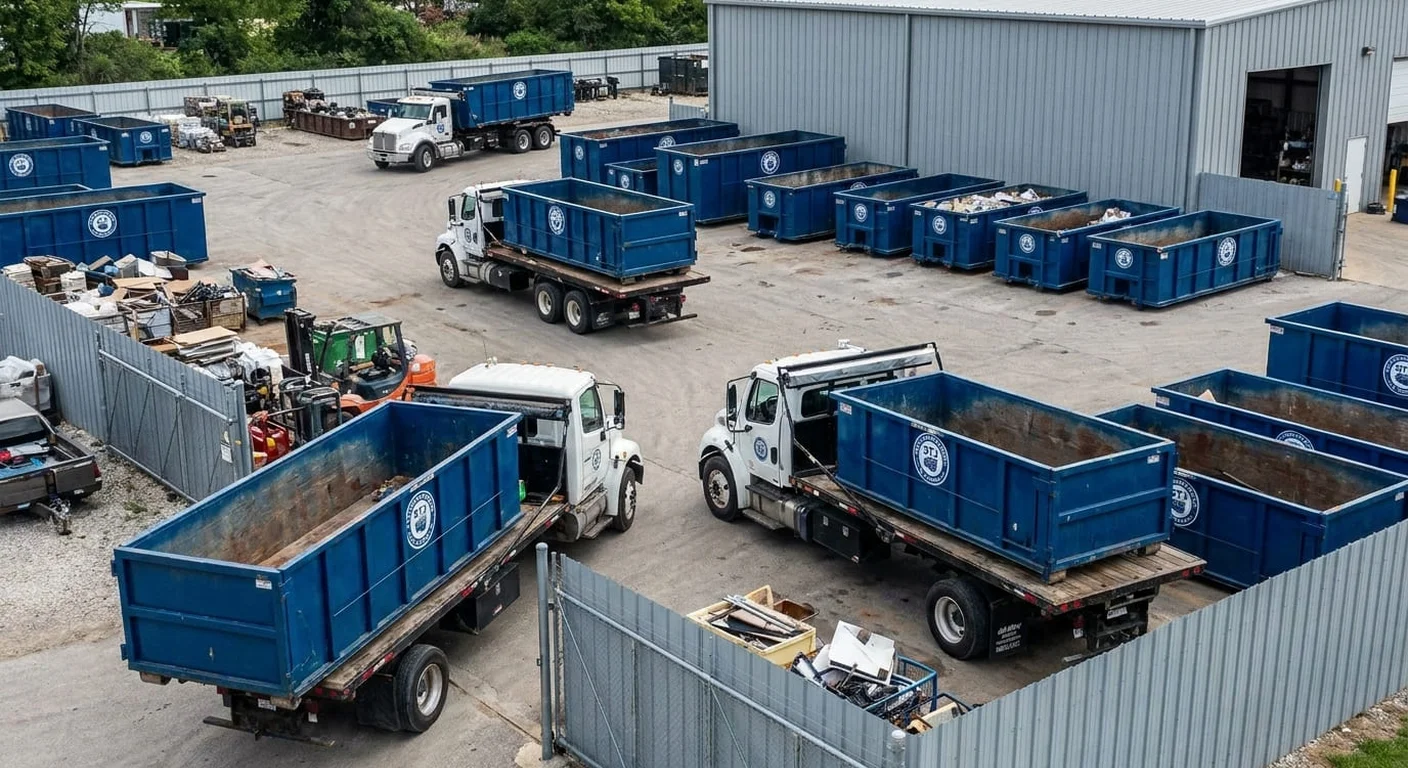 An aerial view of the STJ Dumpster Rental St Joseph yard, with rows of blue roll-off containers and delivery trucks staged for dispatch