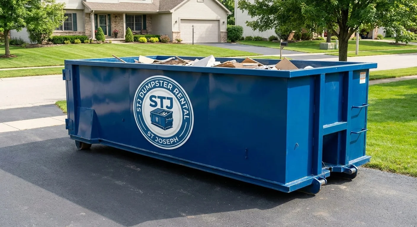 STJ Dumpster Rental St Joseph blue roll-off dumpster loaded with renovation debris on a residential driveway
