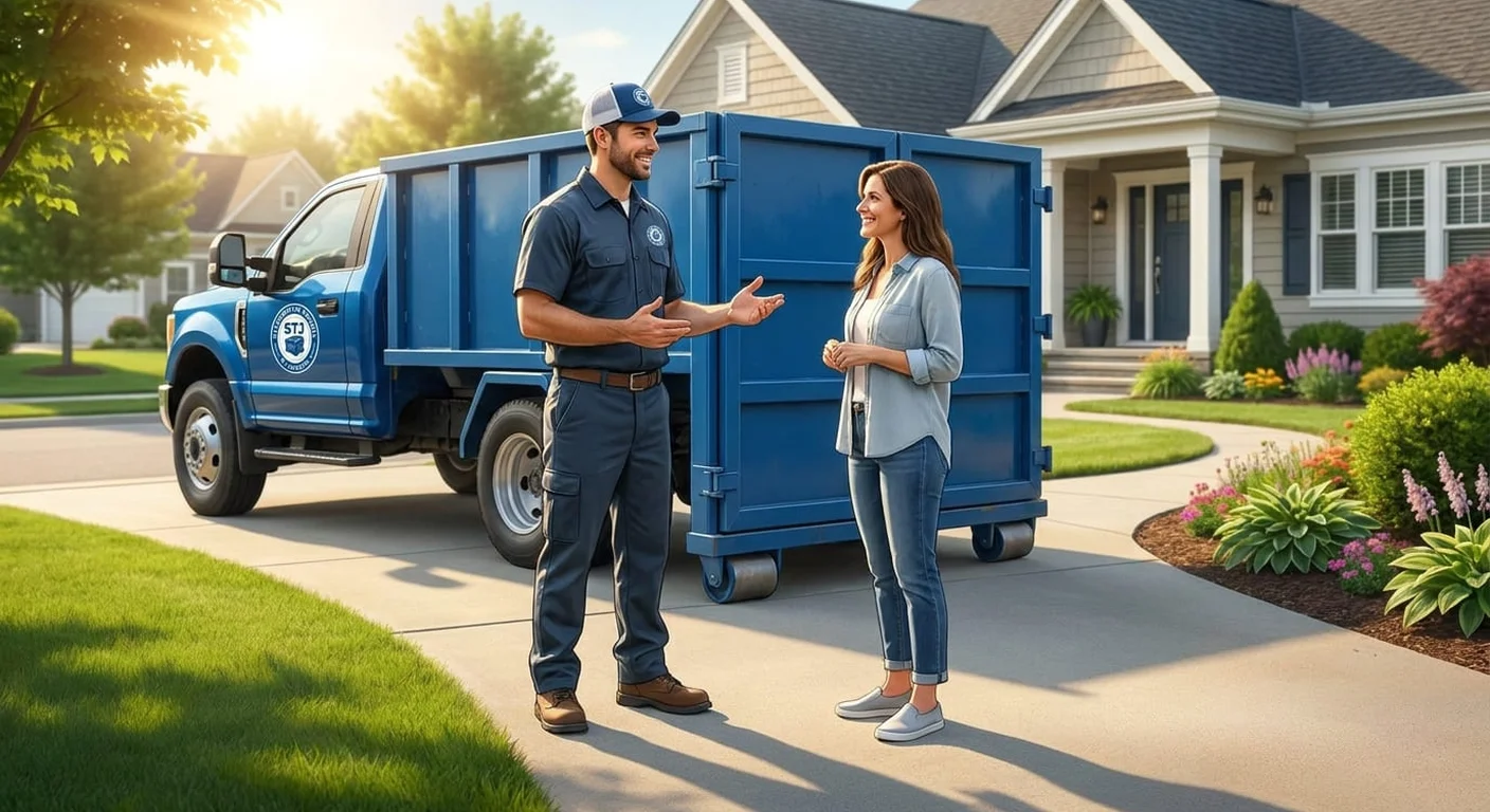 A STJ Dumpster Rental St Joseph driver talking with a homeowner beside a delivered dumpster during a junk-removal job