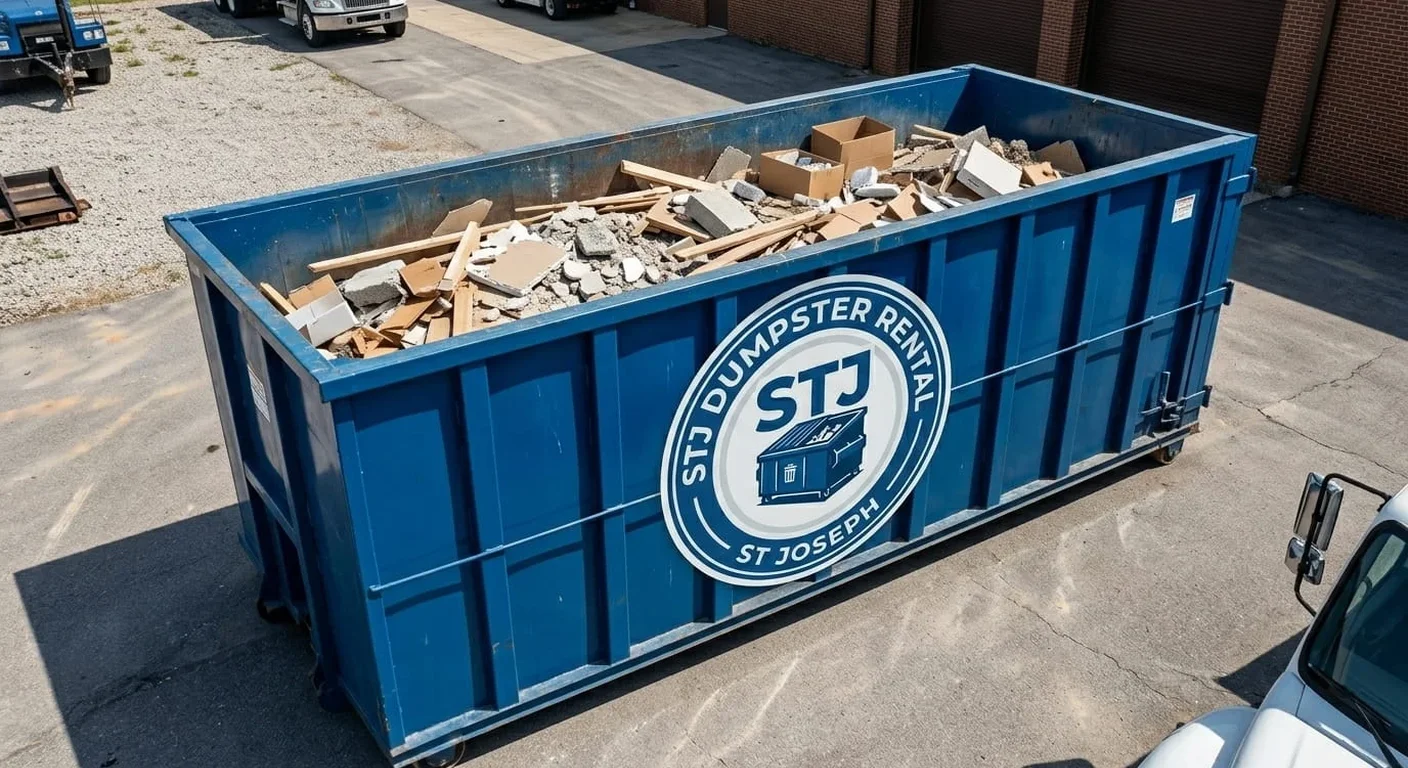 Residential dumpster rental in Easton, MO A STJ Dumpster Rental St Joseph dumpster delivered to a residential driveway in Easton, MO for a home cleanout project