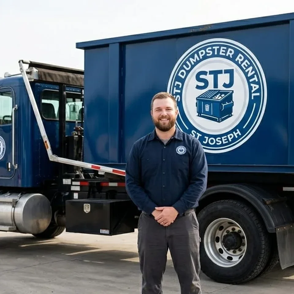 Cody Reinke, Roll-Off Driver at STJ Dumpster Rental St Joseph, standing in front of a company dumpster truck