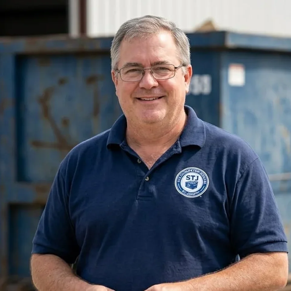 Dennis Marsh, Operations Manager at STJ Dumpster Rental St Joseph, standing in the company yard