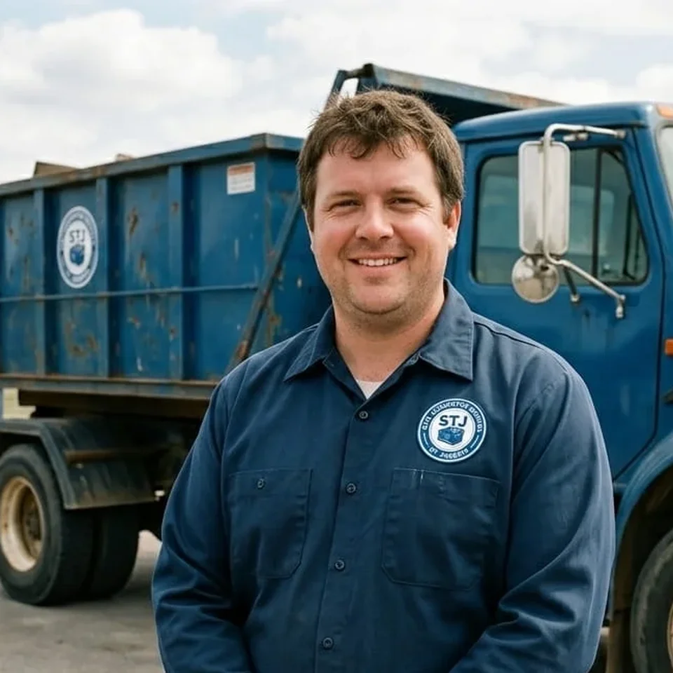 Trevor Lang, Lead Driver at STJ Dumpster Rental St Joseph, standing beside a company roll-off truck
